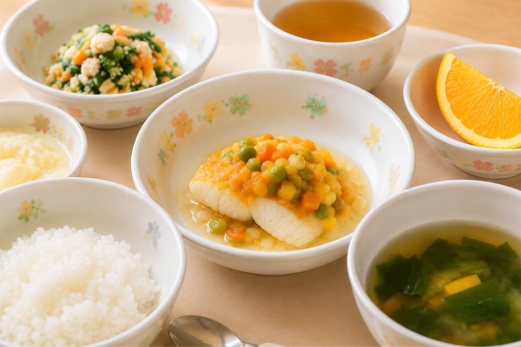 子どもたちが笑顔で給食を食べている様子