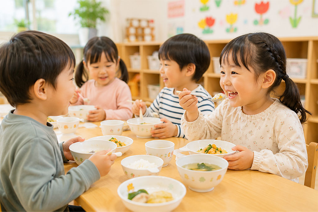 友だち同士で楽しそうに食事をする様子