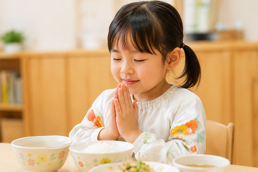 いただきますと挨拶をする様子